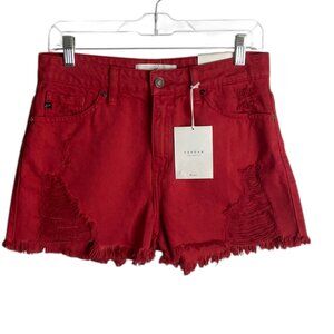 KanCan Jean Shorts Size Medium Red Denim Distressed High Rise Frayed Boho Goth